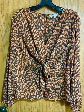 EUC DR2 Blouse - Brown and Tan Animal-Print and Tie-Front